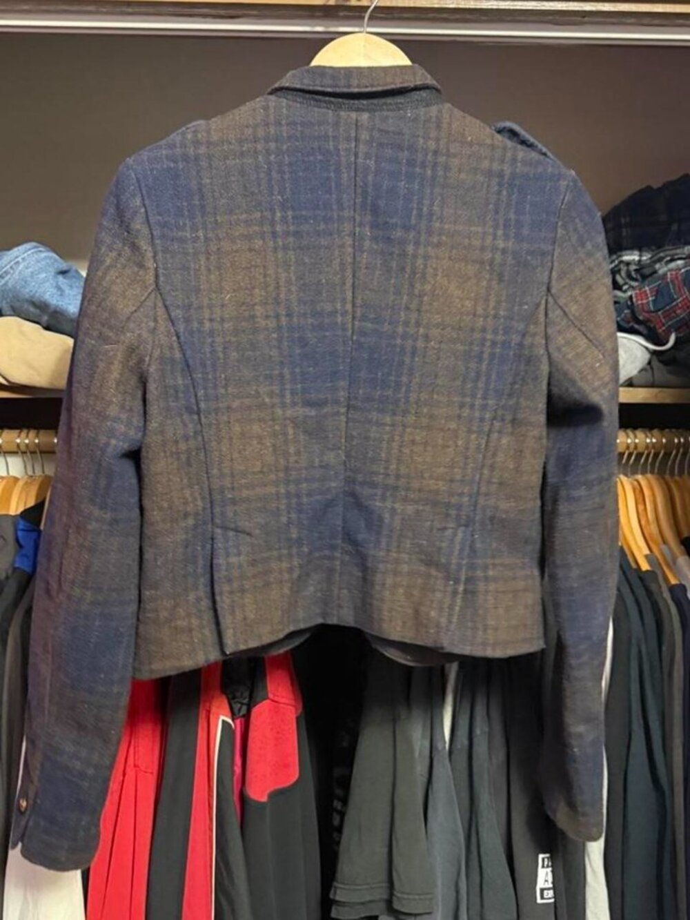 American Eagle Brown Plaid Dark Academia Wool Blend Cropped Military Jacket M - Picture 5 of 5